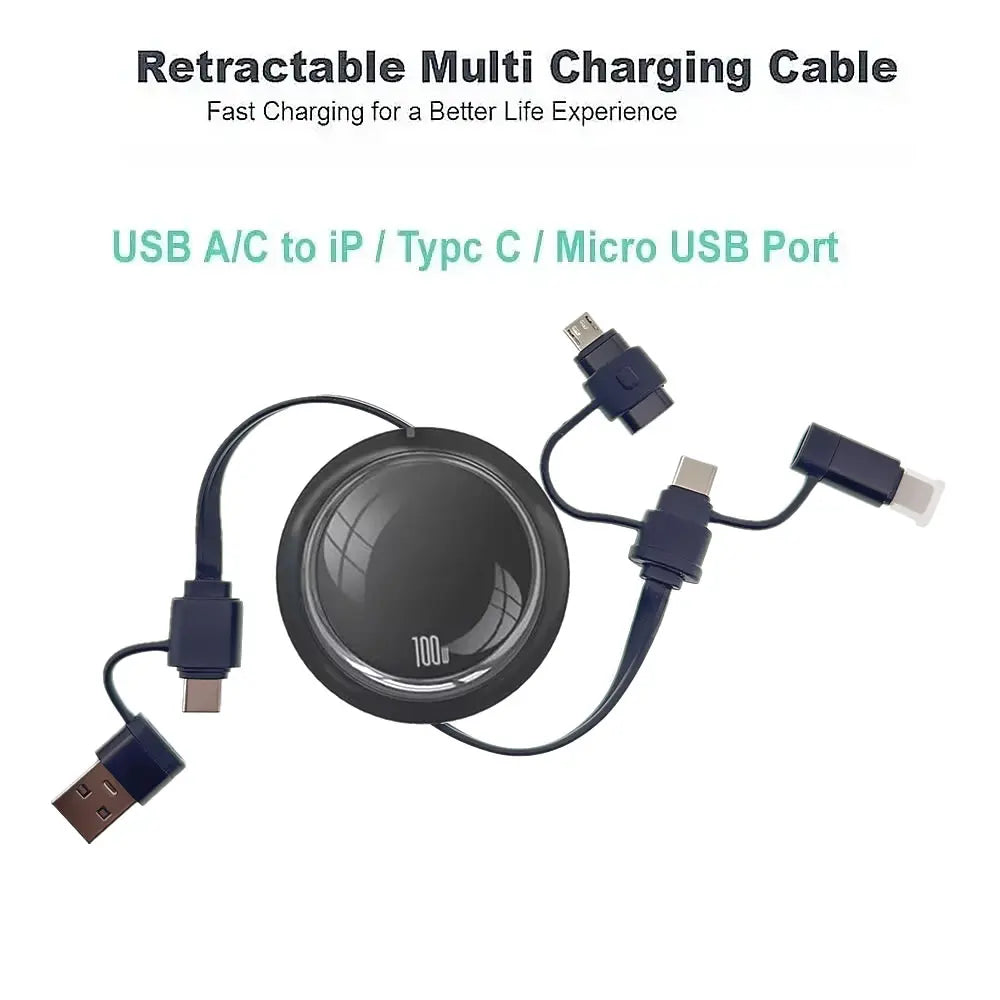 100W PD Fast Charging Cord 6 4 in 1 Retractable Data Cable USB-C to Type-c/Lightning/Micro USB Cable for Phone Laptop Tablet