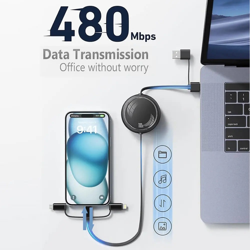 100W PD Fast Charging Cord 6 4 in 1 Retractable Data Cable USB-C to Type-c/Lightning/Micro USB Cable for Phone Laptop Tablet