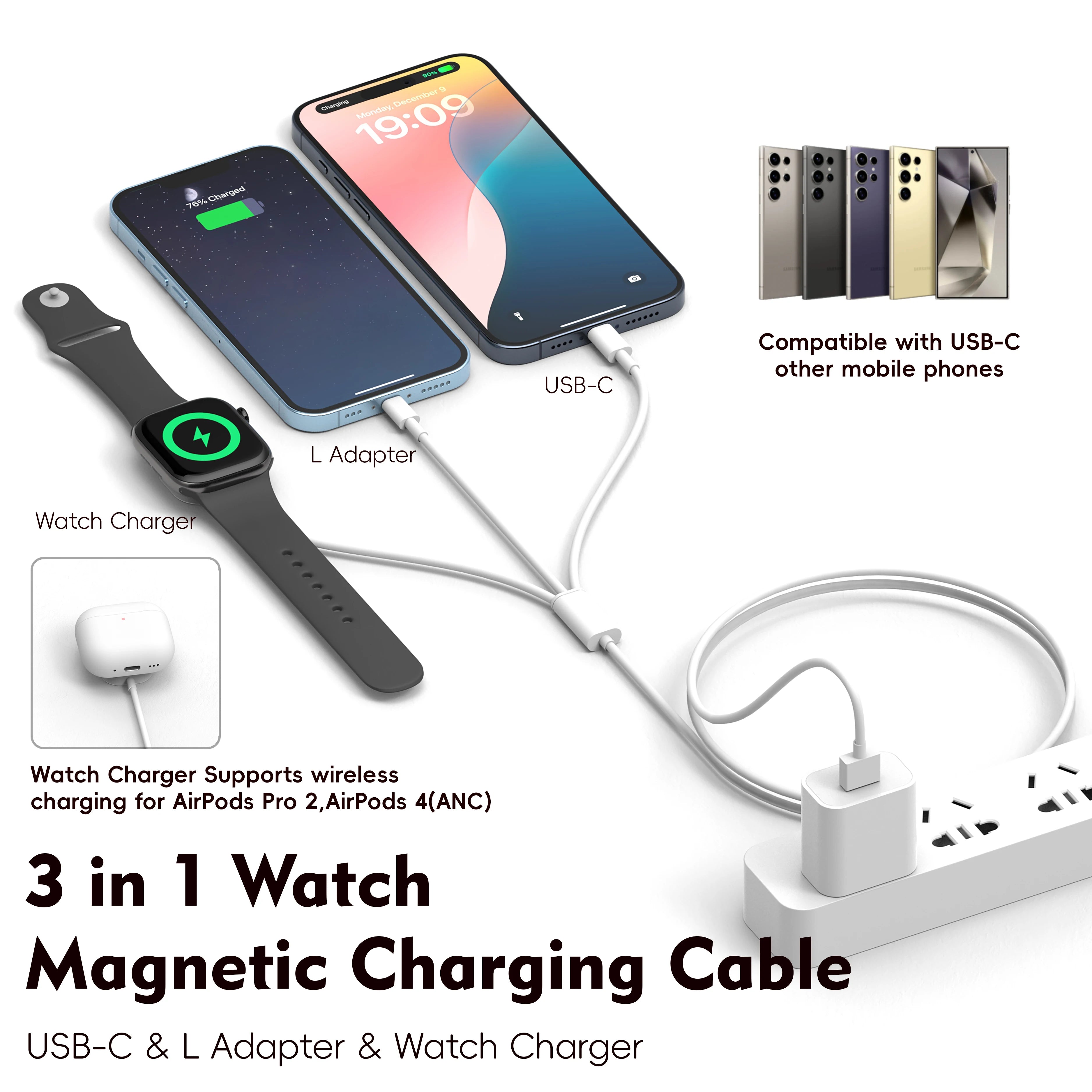4 in 2 Multi Watch Charging Cable For Iphone Iwatch Charger Usb Type-C Fast Charging Cable High-Quality iPad Airpods Accessories