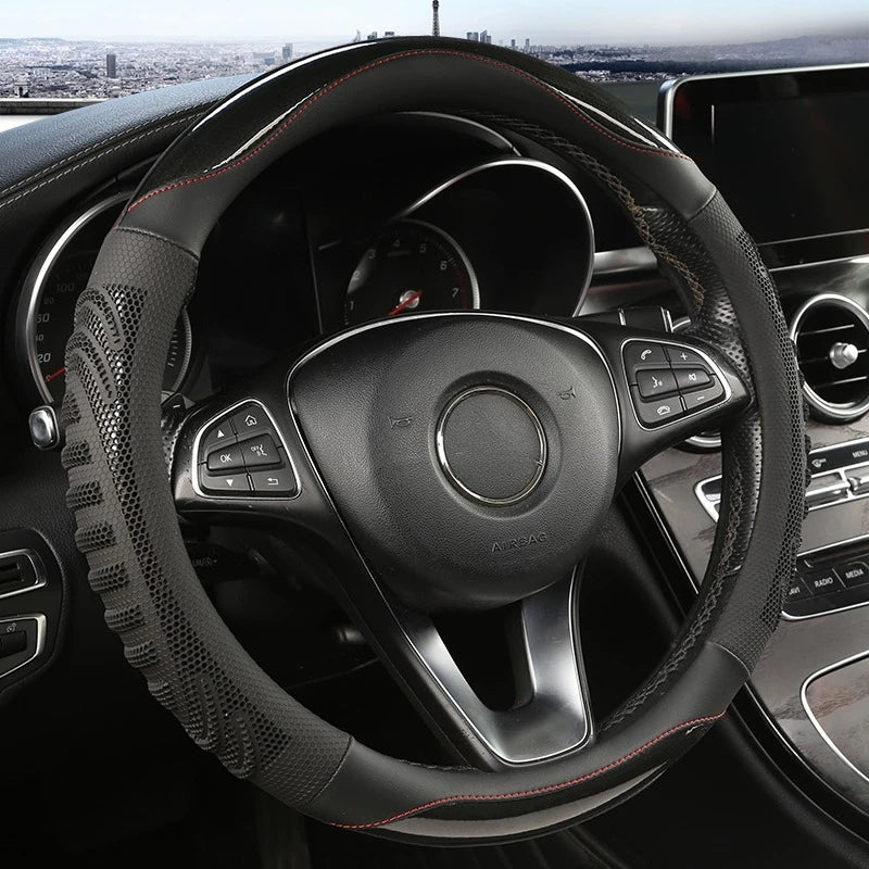 Three-dimensional Honeycomb Steering Wheel Cover  Durable Leather Cover with Anti-slip Linning Universal 14.5-15in